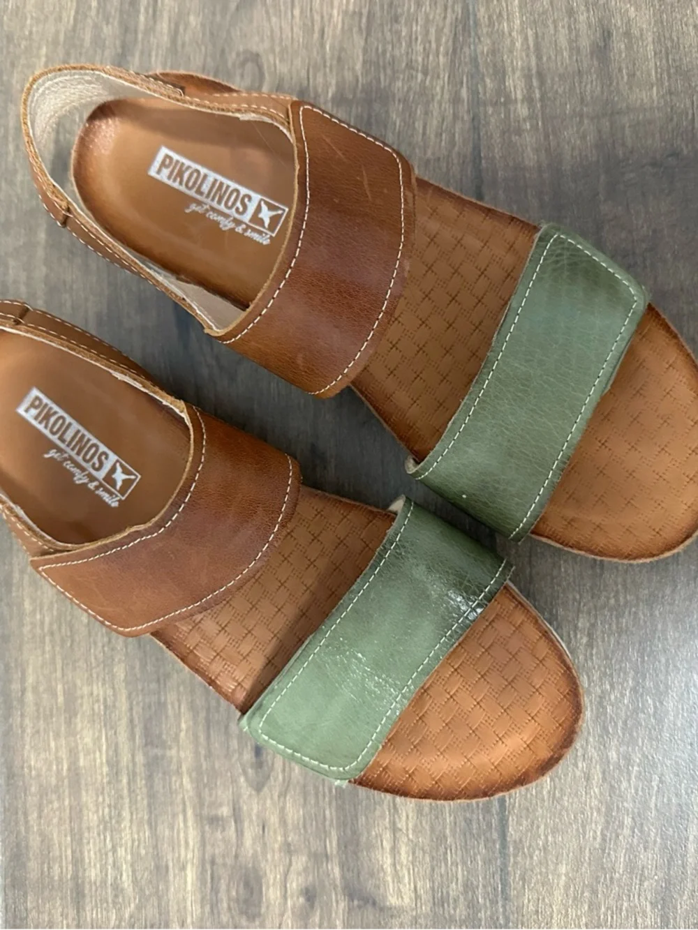 PIKOLINOS Brown and Green Leather Adjustable Slingback Sandals size 6.5 - Picture 1 of 12